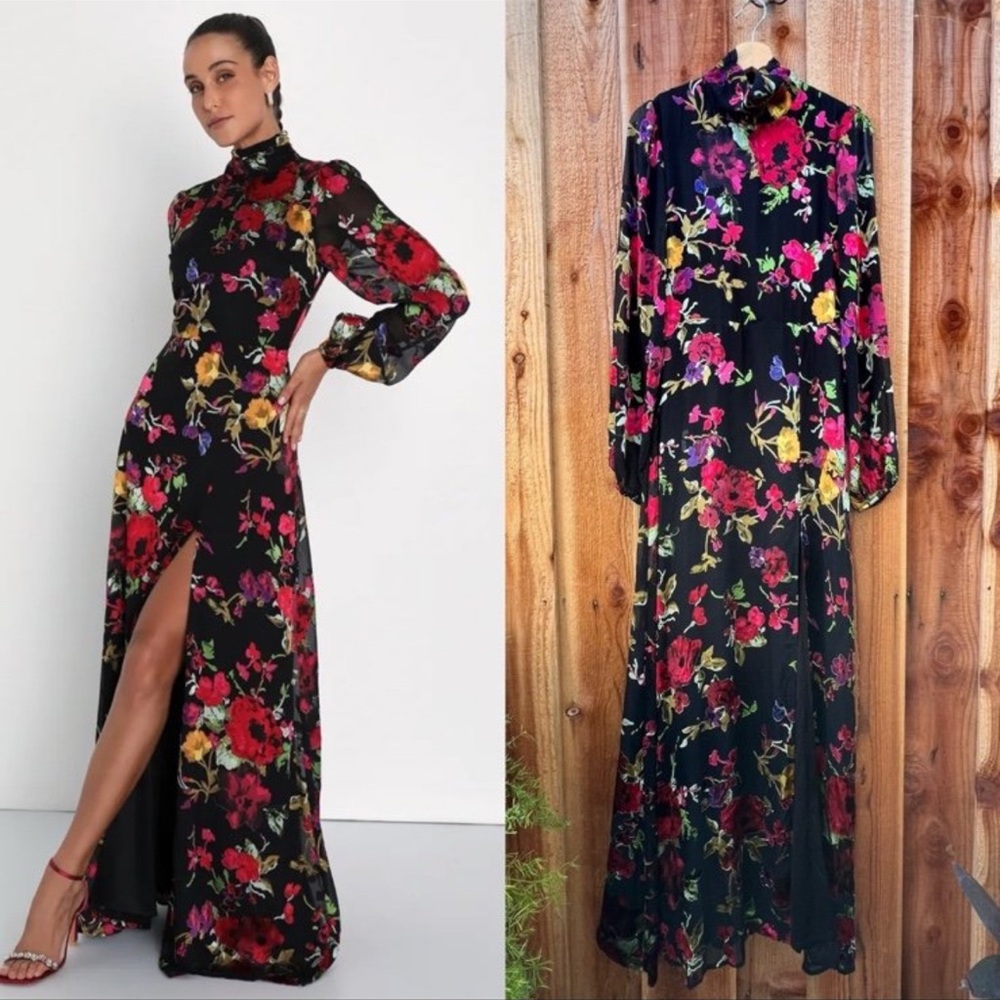 Black Colorful Floral Burnout Longsleeve Backless Maxi Dress 🌿